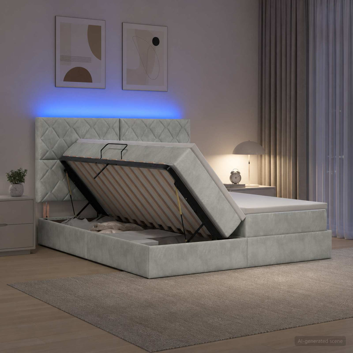 LED Opslagbed met Matras Lichtgrijs 200 x 200 cm Fluweel