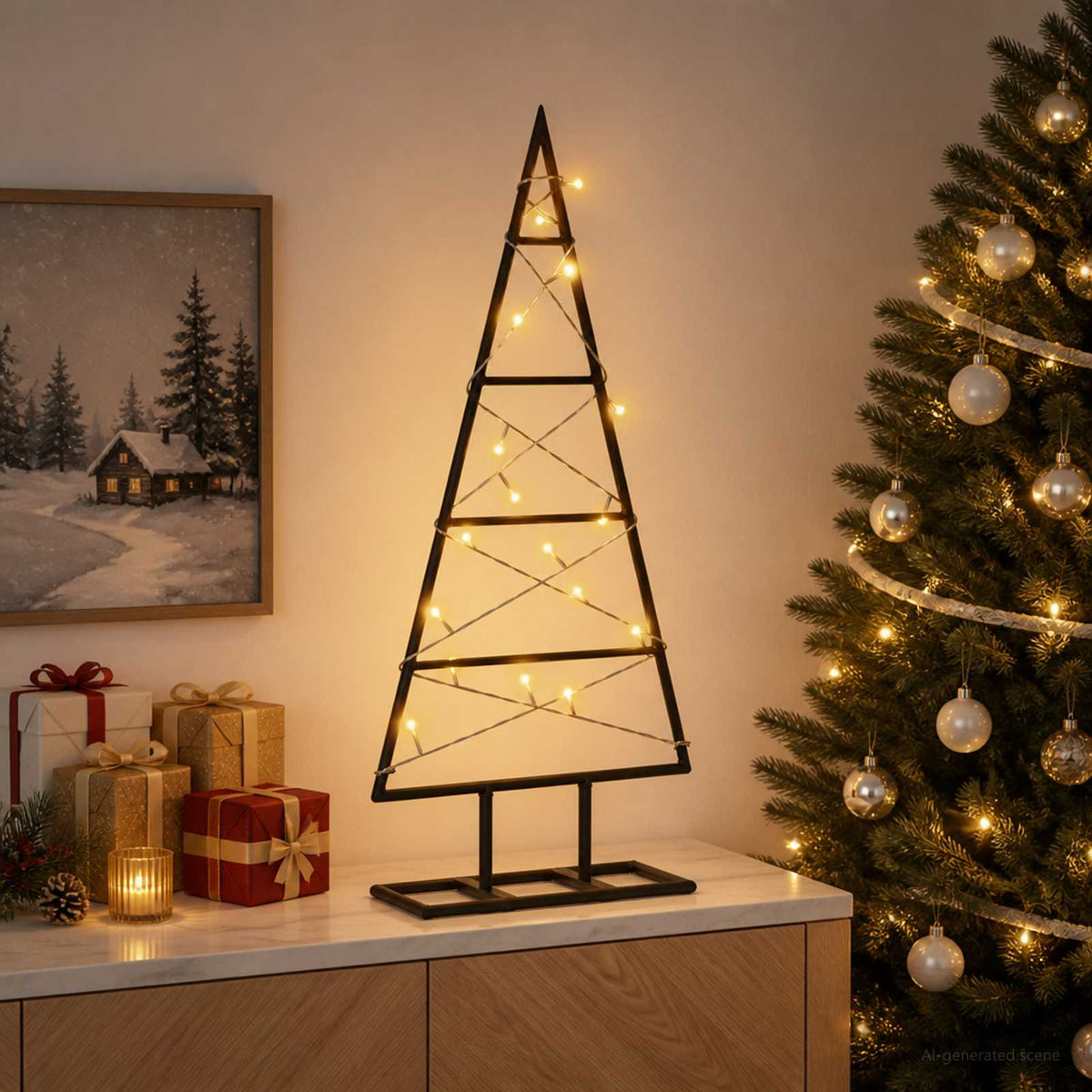 Metalen kerstboom KUOPIO 60 cm Warmwit Poedergecoat staal Zwart