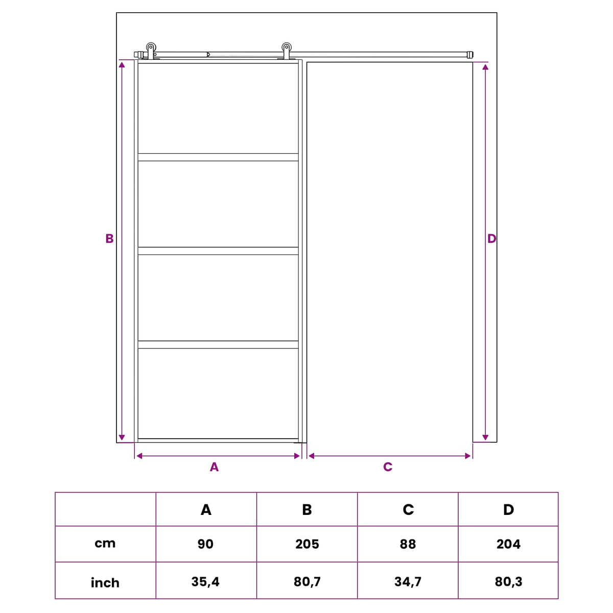 Schuifdeur 90 x 205 cm Gehard glas en aluminium
