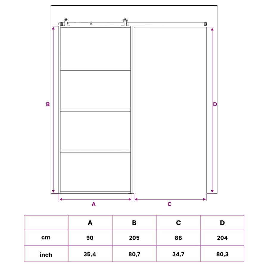 Schuifdeur 90 x 205 cm Gehard glas en aluminium