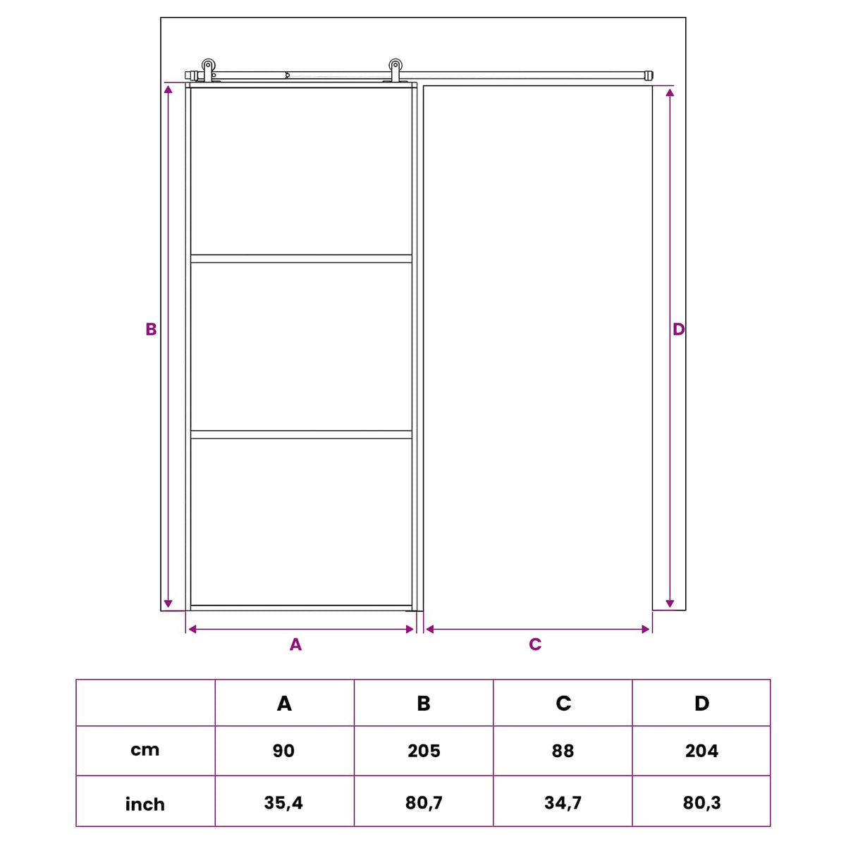 Schuifdeur 90 x 205 cm Gelaagd Glas en Aluminium