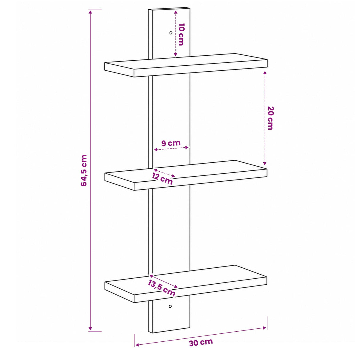 Wandplank Zwart eiken 30 x 13.5 x 64.5 cm Bewerkt hout