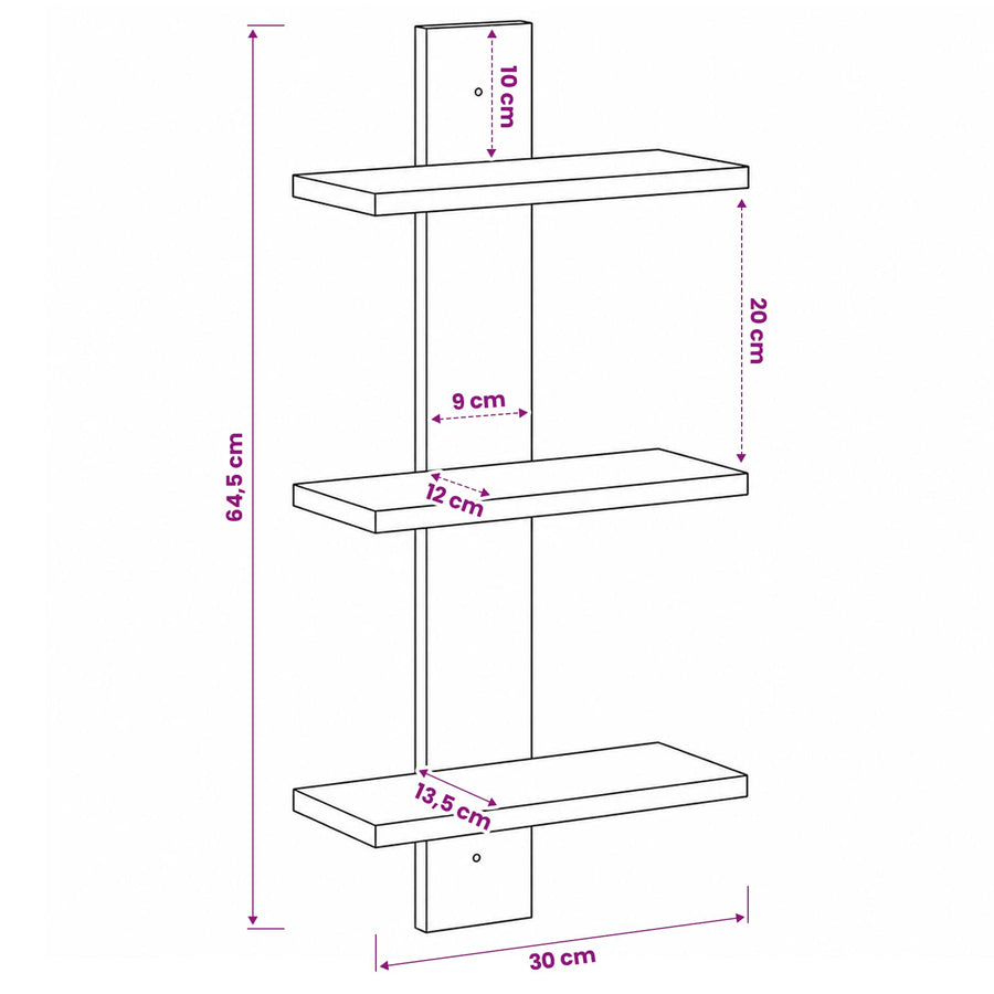 Wandplank Artisanaal eiken 30 x 13.5 x 64.5 cm Bewerkt hout