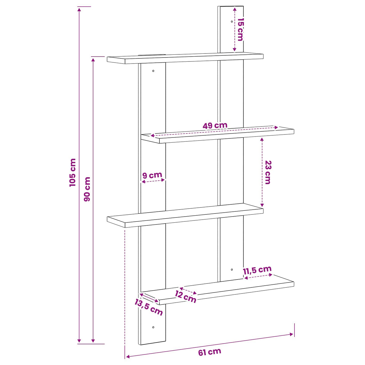 Wandplank Artisanaal eiken 61 x 13,5 x 105 cm Bewerkt hout