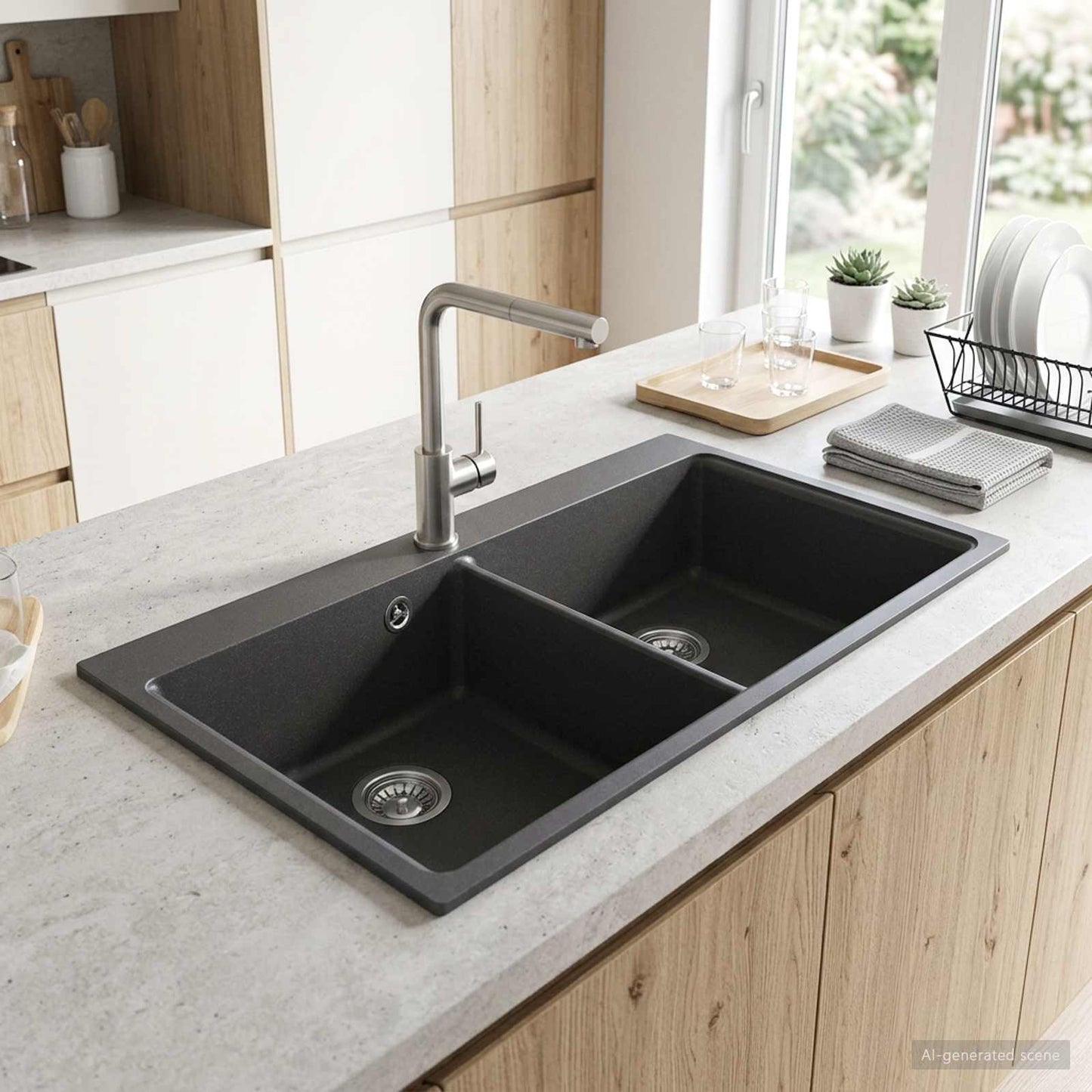 Keuken Wasbak Dubbele Wasbak Graniet 86 x 51 x 30 cm Grafiet