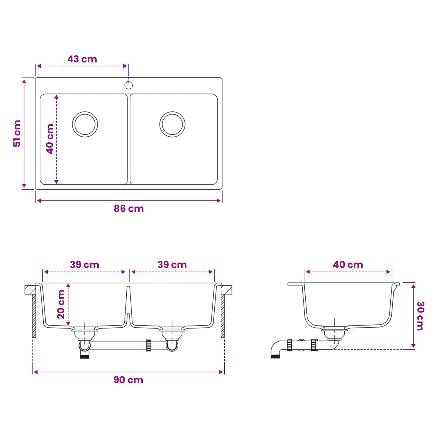 Keuken Wasbak Dubbele Wasbak Graniet 86 x 51 x 30 cm Grafiet
