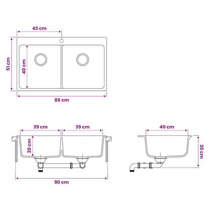 Keuken Wasbak Dubbele Wasbak Graniet 86 x 51 x 30 cm Grafiet