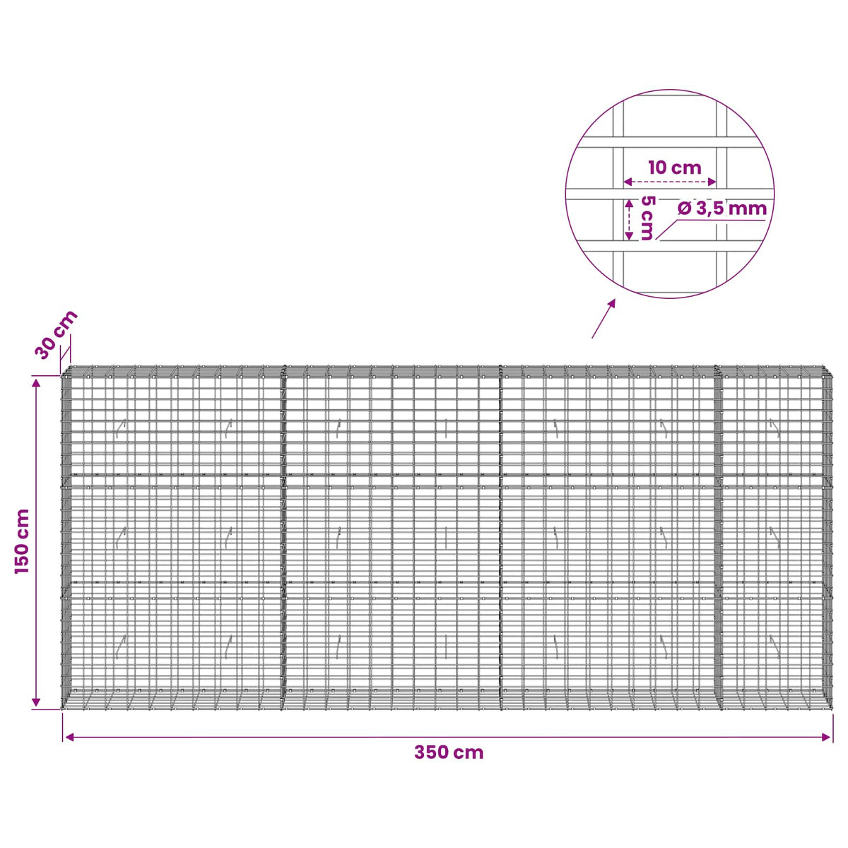 Gabion met 3,5 mm Draad en 5x10 cm Mesh 350x30x150 cm