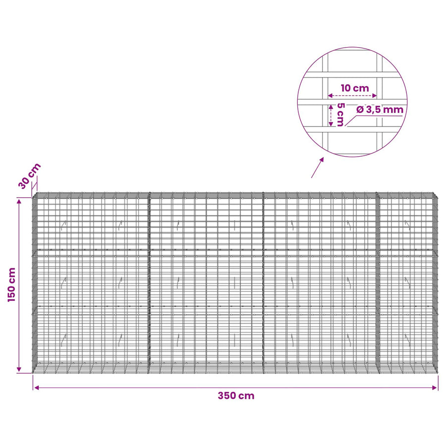 Gabion met 3,5 mm Draad en 5x10 cm Mesh 350x30x150 cm