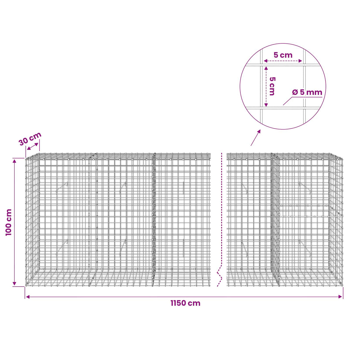 Gabion met 5 mm Draad en 5x5 cm Gaas 1150x30x100 cm