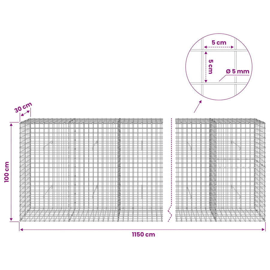 Gabion met 5 mm Draad en 5x5 cm Gaas 1150x30x100 cm