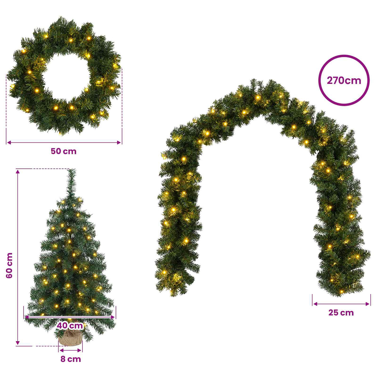 Mini-kerstbomenset 60 cm 125 LED's Warmwit PVC Groen