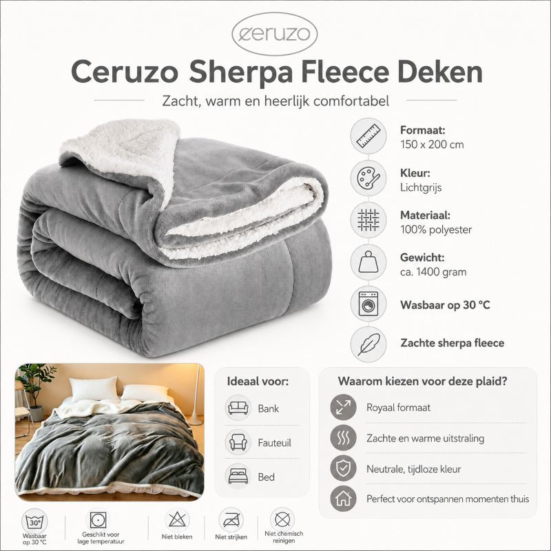 Ceruzo Sherpa Fleece Deken - 150X200 Cm - Licht Grijs