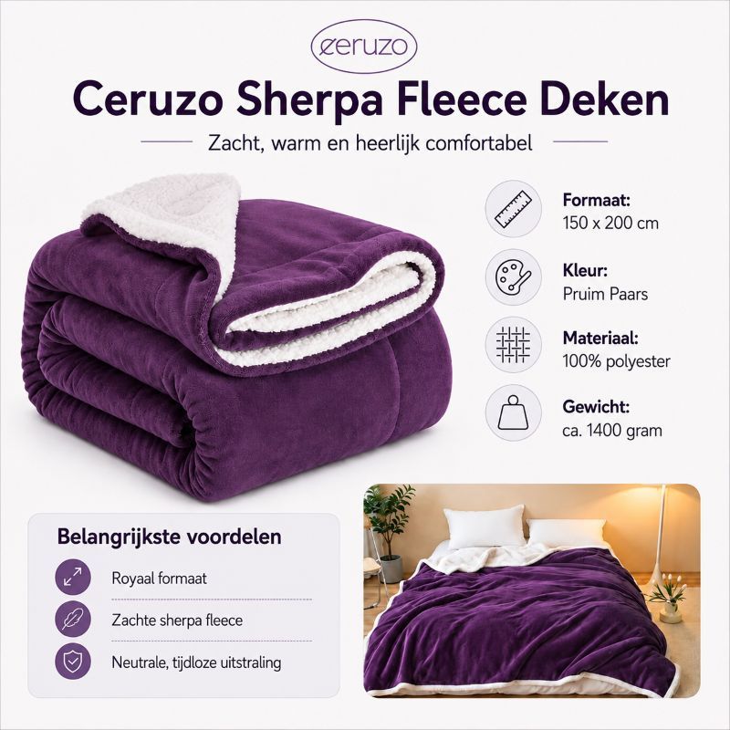 Ceruzo Sherpa Fleece Deken - 150X200 Cm - Paars