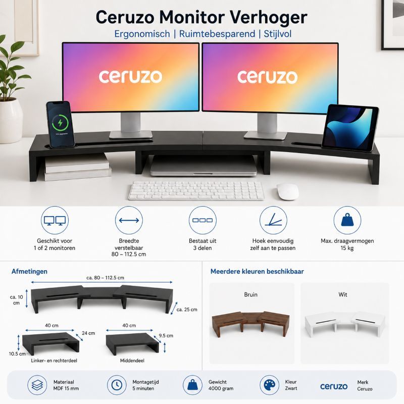 Ceruzo Monitor Standaard - Zwart - Verstelbaar - Verhoger Voor 2 Schermen
