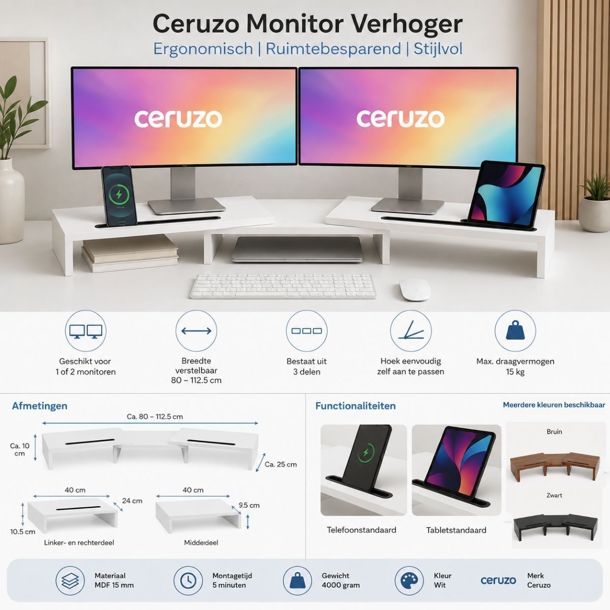 Ceruzo Monitor Standaard - Wit - Verstelbaar - Verhoger Voor 2 Schermen