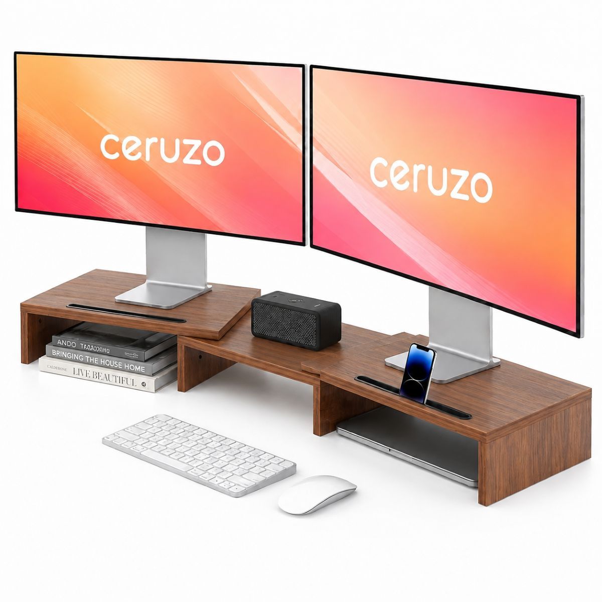 Ceruzo Monitor Standaard - Bruin - Verstelbaar - Verhoger Voor 2 Schermen
