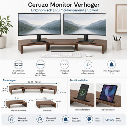 Ceruzo Monitor Standaard - Bruin - Verstelbaar - Verhoger Voor 2 Schermen