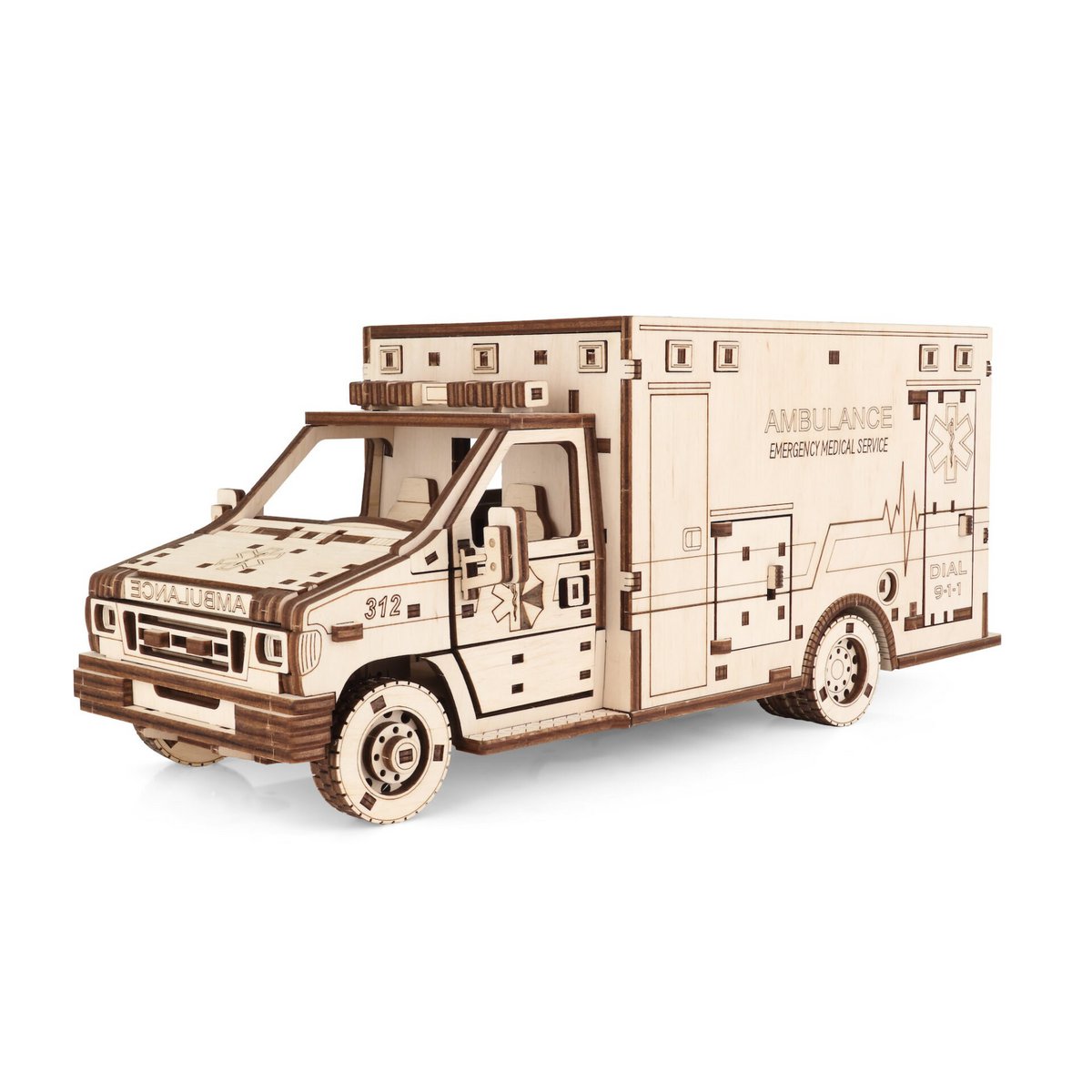 Houten modelbouw ambulance 386 onderdelen 29.5x12.9x12.4 cm