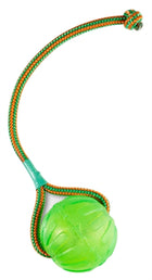 Hondenbal met touw geel/blauw