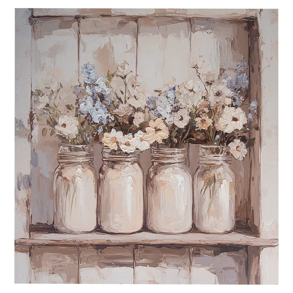 Schilderij 51x51 cm beige canvas bloemen