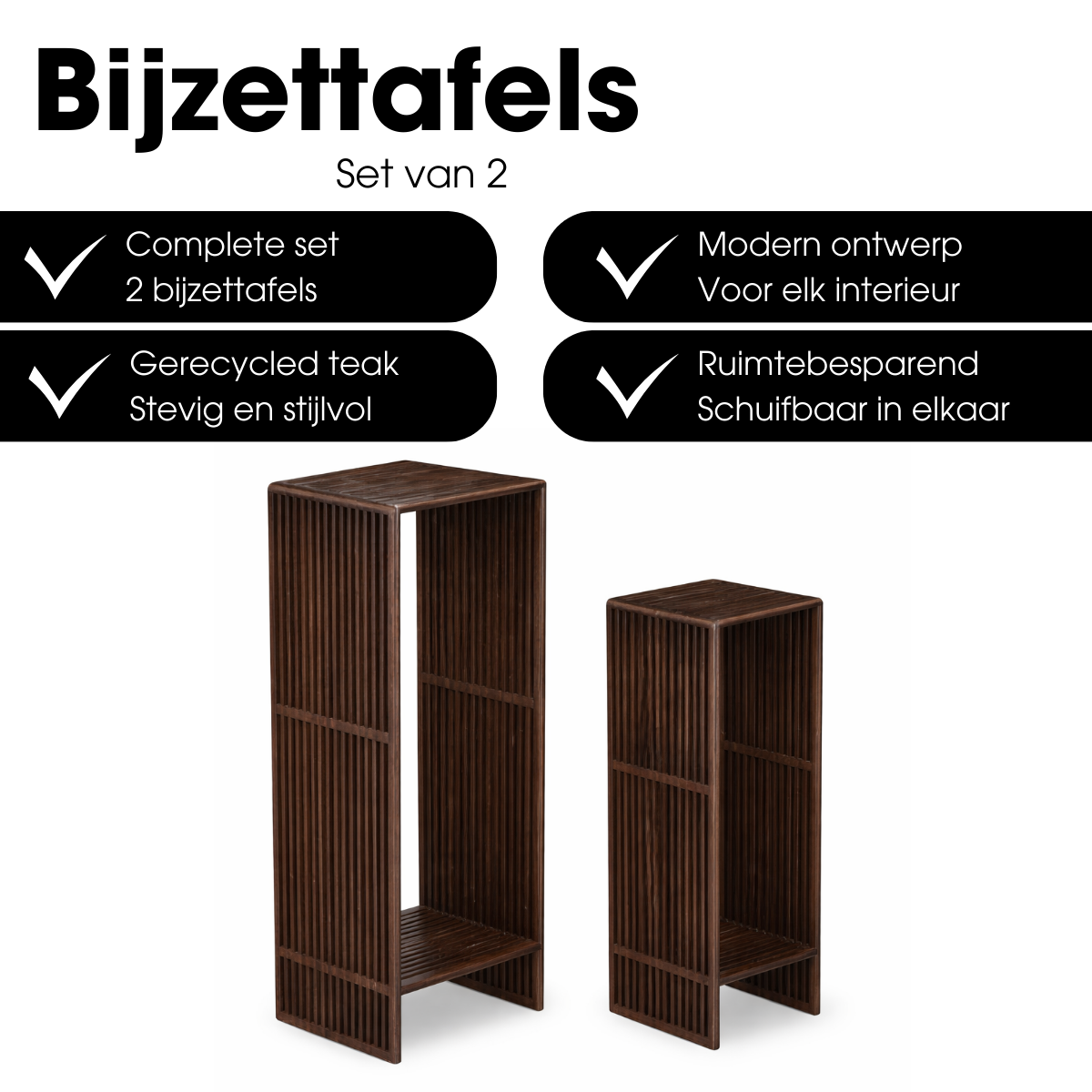 Bijzettafel set gerecycled teak donkerbruin