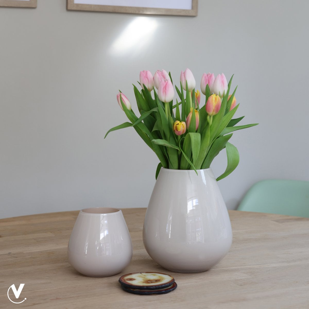 Waxinelichthouder set van 2 glas beige wit 12,5x11,5x12,5 cm