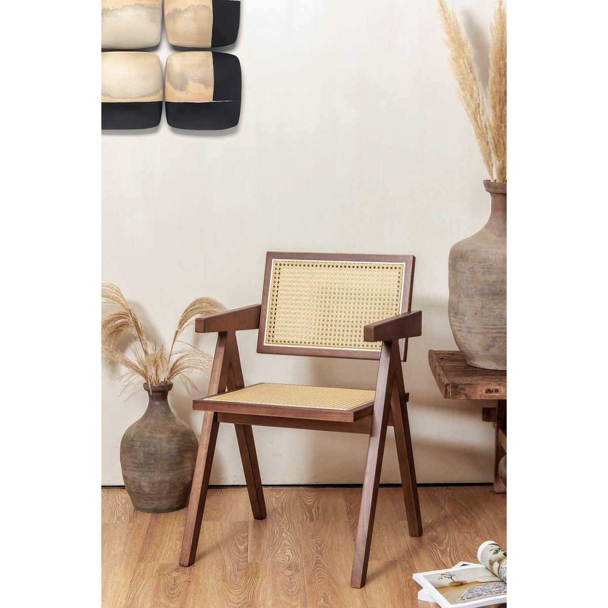 Stoel Pierre Jeanneret Hout en Rotan Hoge Kwaliteit