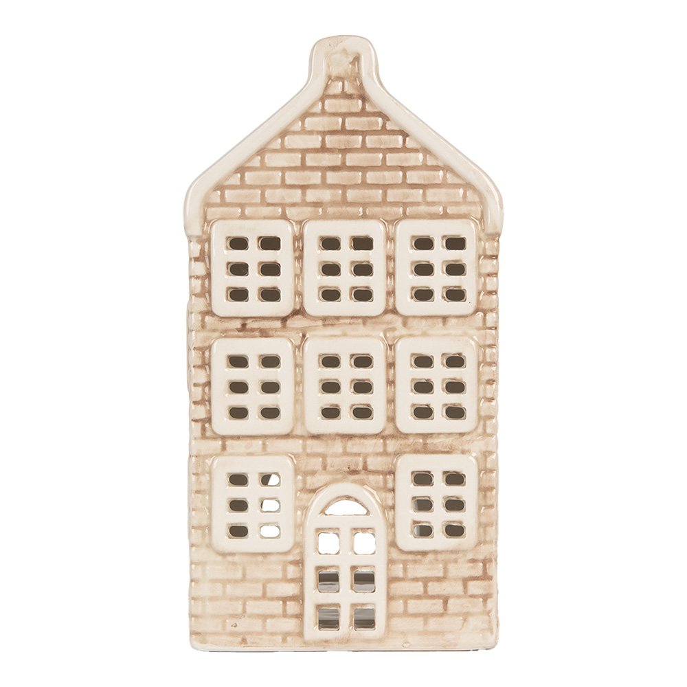 Waxinelichthouder huis 9x10x19 cm beige keramiek