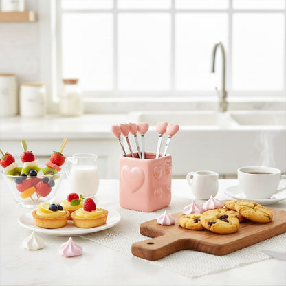 Theelepels roze met houder set van 6