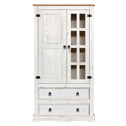 Vitrinekast massief grenenhout met glas en 2 lades