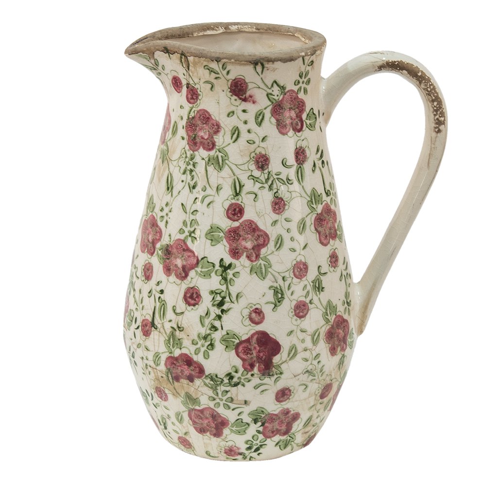 Decoratie kan 20x14x25 cm roze beige keramiek bloemen waterkan