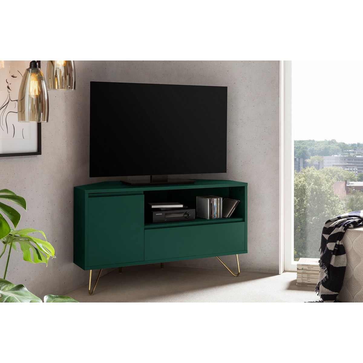 Corner TV lowboard with drawer, folding compartment and open compartment