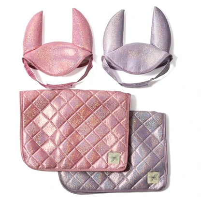 Stokpaard zadeldekje en mutsje roze glitterstof