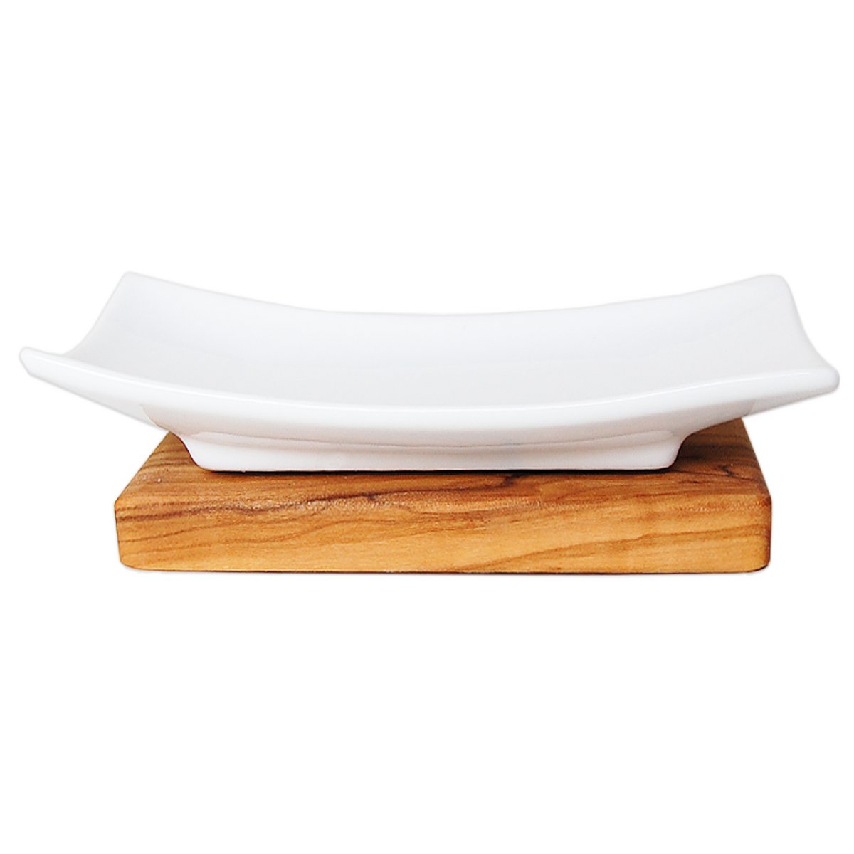 Zeepbakje porselein olijfhout 14x7x4 cm