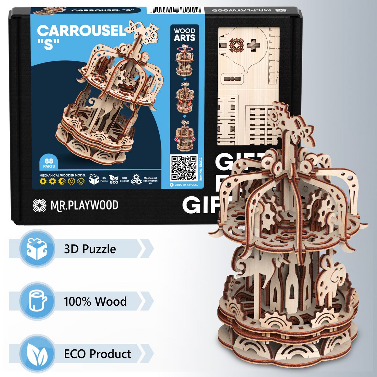 Mr. Playwood 3D Wooden Puzzle Carousel small, 10404, 12.5x12.5x17.5cm