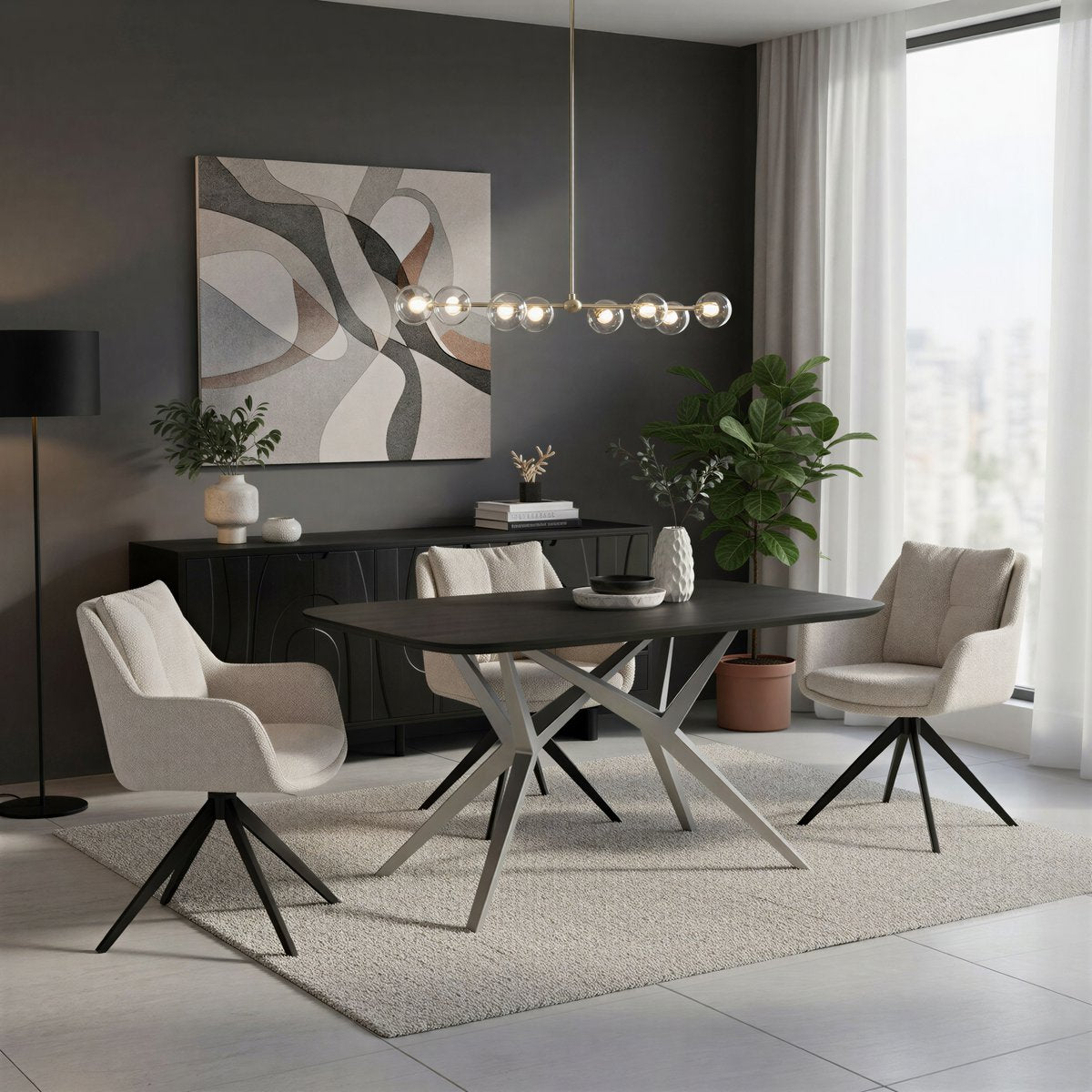 Eettafel 240x100 cm mangohout zwart stalen frame zilver
