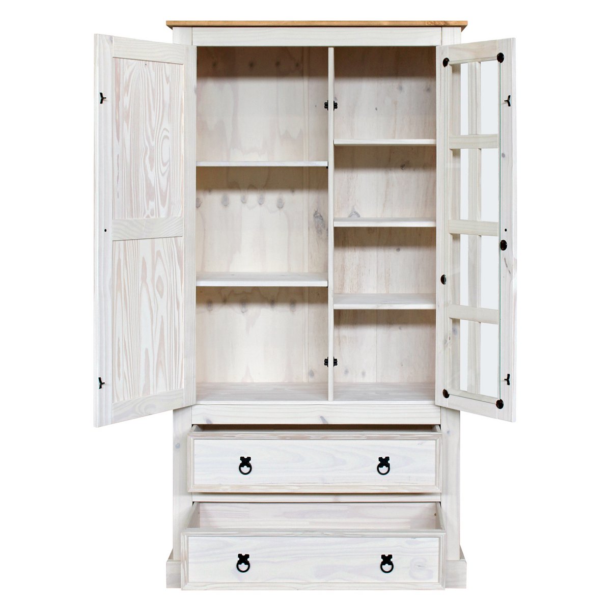 Vitrinekast massief grenenhout met glas en 2 lades