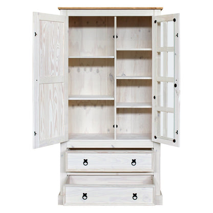 Vitrinekast massief grenenhout met glas en 2 lades