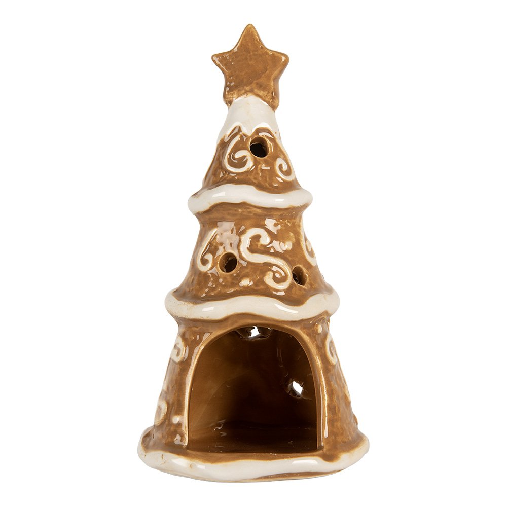 Waxinelichthouder kerstboom 8x15 cm bruin keramiek