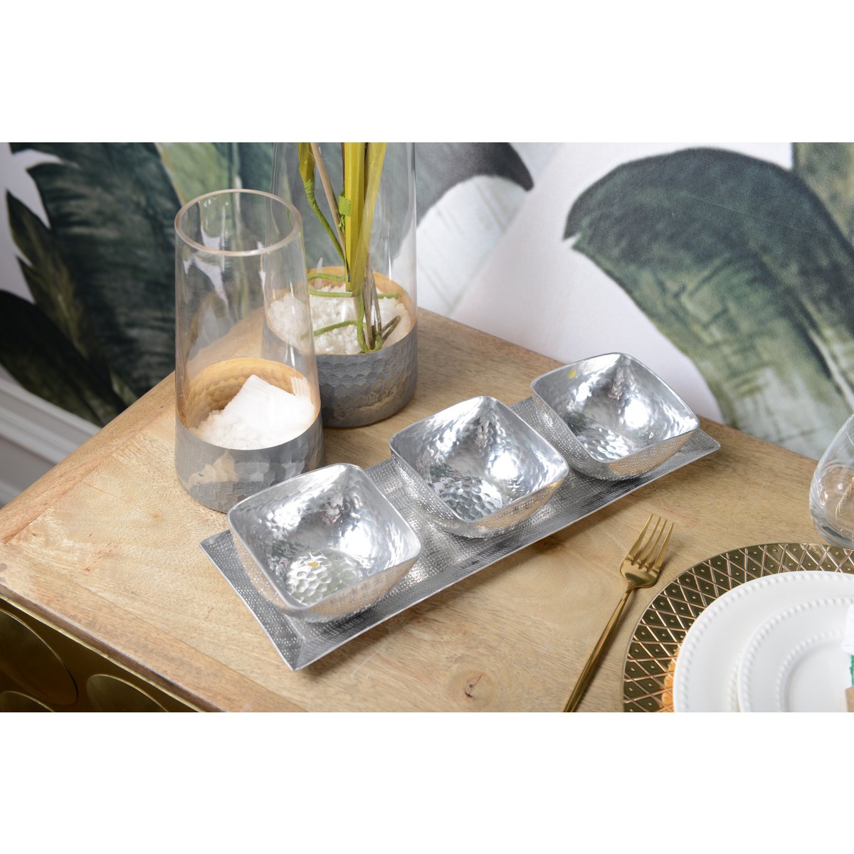 Aperitiefset 3 kopjes aluminium zilver 36,5x17x32 cm