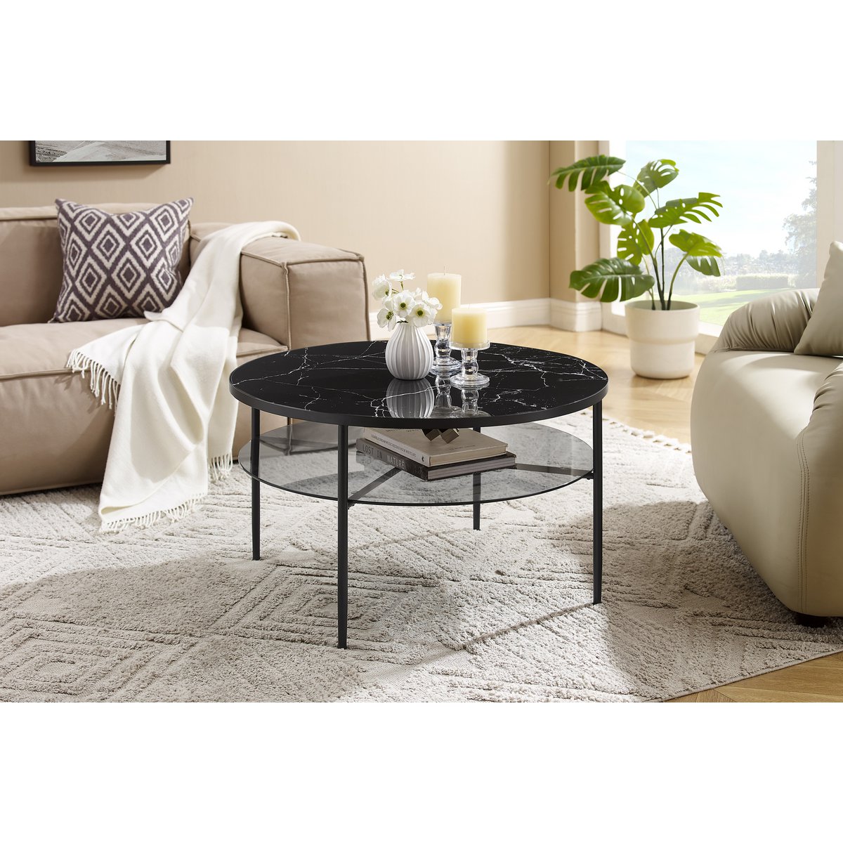 Salontafel rond Ø 81 cm zwart metaal glas