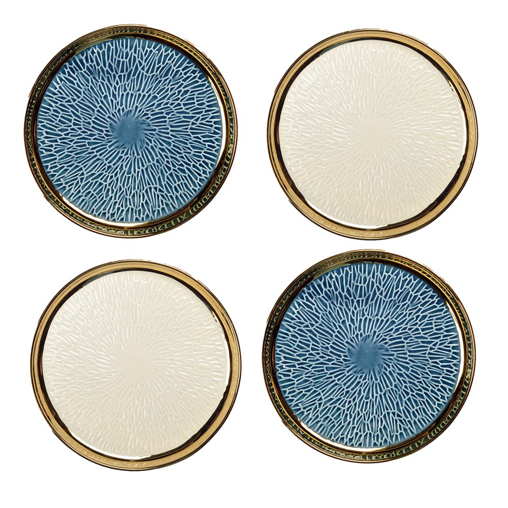 Dessertborden 4 stuks 2 blauw 2 crème met gouden rand 20 cm
