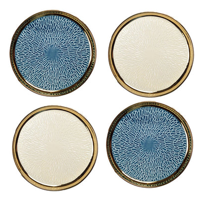 Dessertborden 4 stuks 2 blauw 2 crème met gouden rand 20 cm