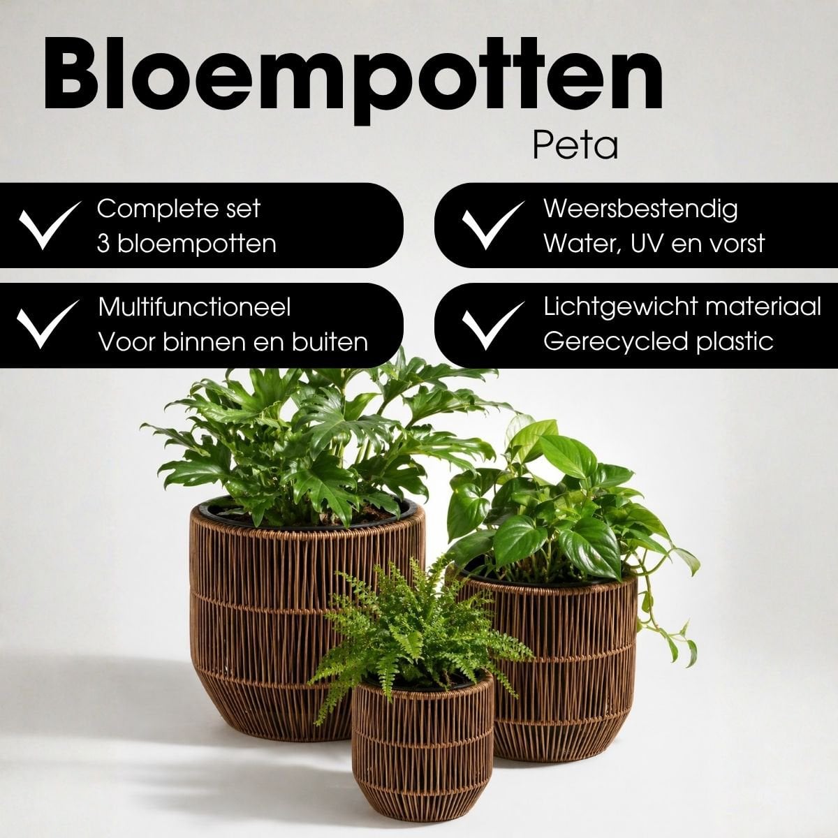 Bloempot set donkerbruin 3 stuks