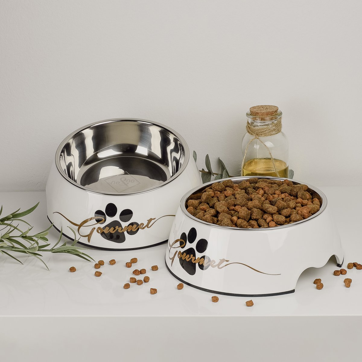 Honden voerbak 2 stuks roestvrij staal melamine wit goud