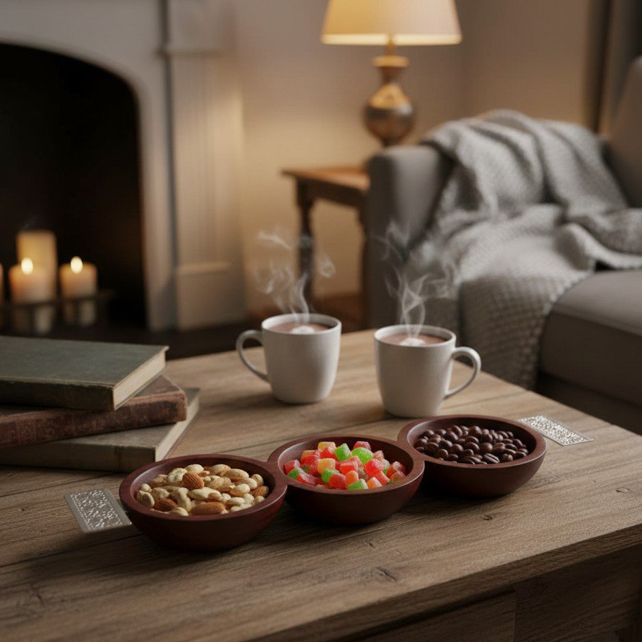 Aperitief set 3 houten kopjes zilveren handgrepen