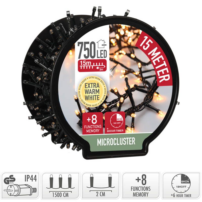 Micro Cluster Met Haspel - 750 Led - 15 Meter - Met Timer - Extra Warm Wit