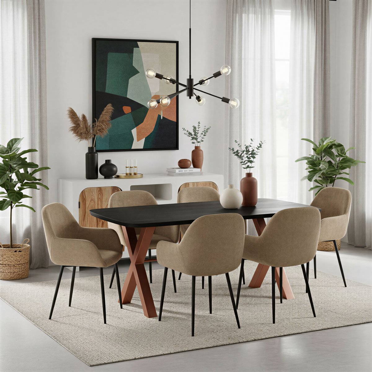 Eettafel 240x100 cm massief mangohout zwart X-stalen frame antiekbruin