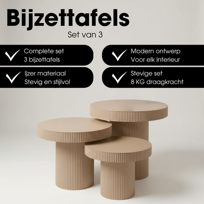 Bijzettafel set van 3 rond ijzer lichtbruin